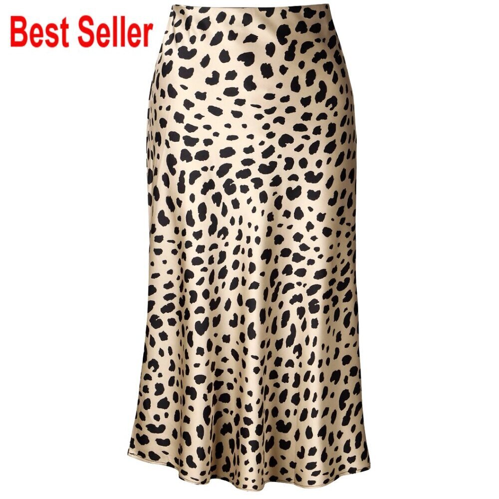 Midi Skirt High Waist Elastic Silk Satin Leopard Print Women's Long Skirt